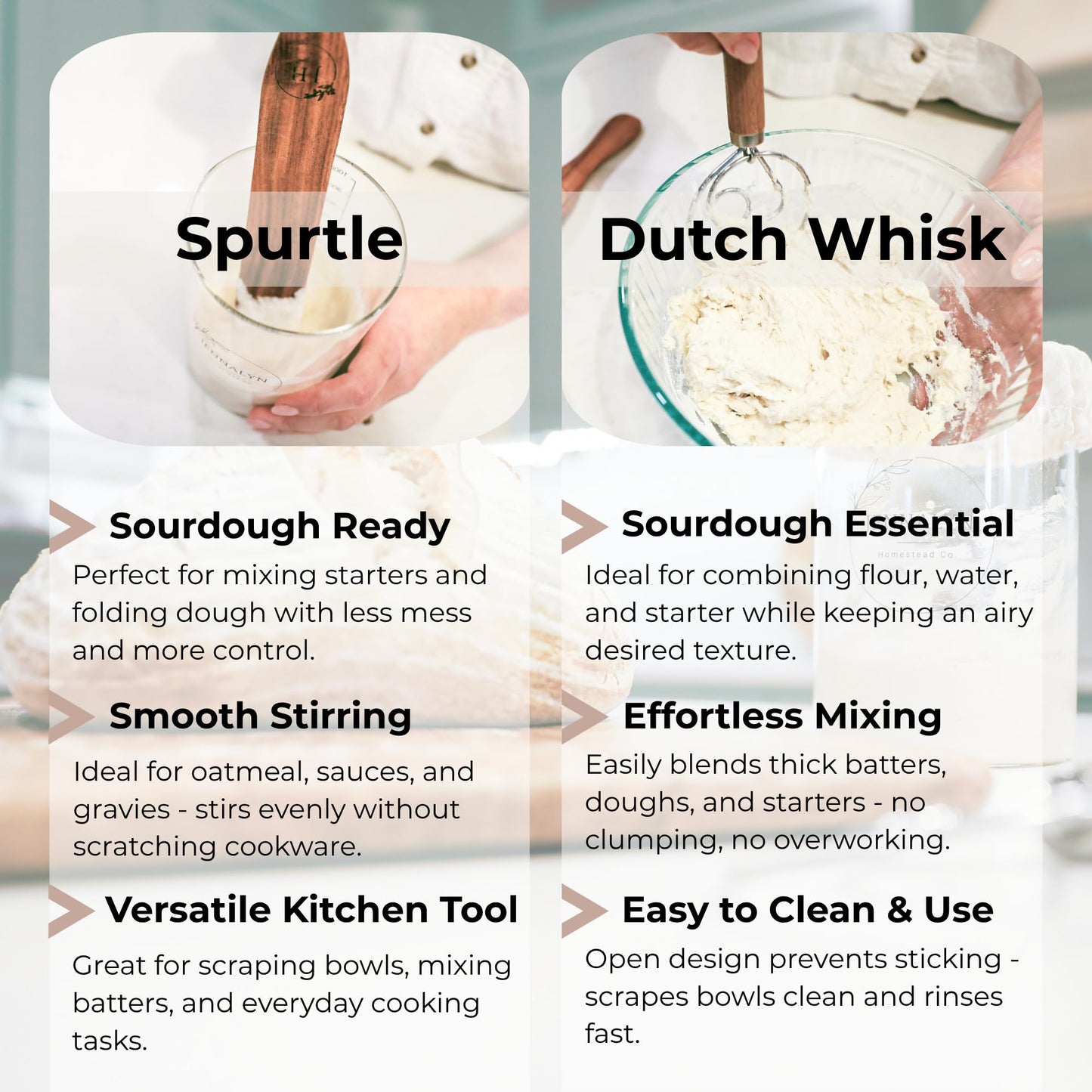 Dutch Dough Whisk & Teak Spurtle Set; Premium Stainless Steel Sourdough Whisk, Wooden Starter Jar Spatula; Sourdough Bread Baking Supplies for Home Bakers; BPA-Free, Bread Making Tools