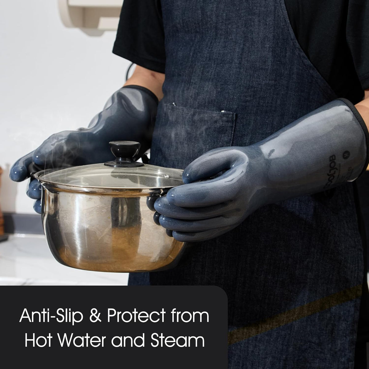 COOLJOB Heat Resistant Oven Gloves, Waterproof Liquid Silicone BBQ Grilling Gloves for Barbecue, Kitchen Cleaning, Baking, Food Contact, Black, Medium