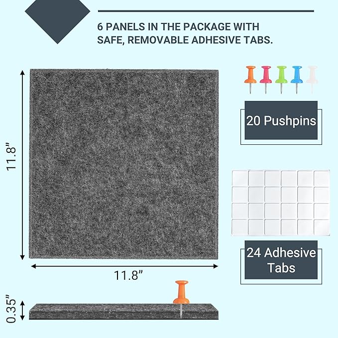 AKTOP Cork Board Bulletin Board 24"x36", 6 Pack Removable Felt Cork Board Tiles for Wall, Large Corkboard Notice Pin Board for Office, School & Home,24 Safe Adhesive Tabs, 20 Push Pins, Dark Grey