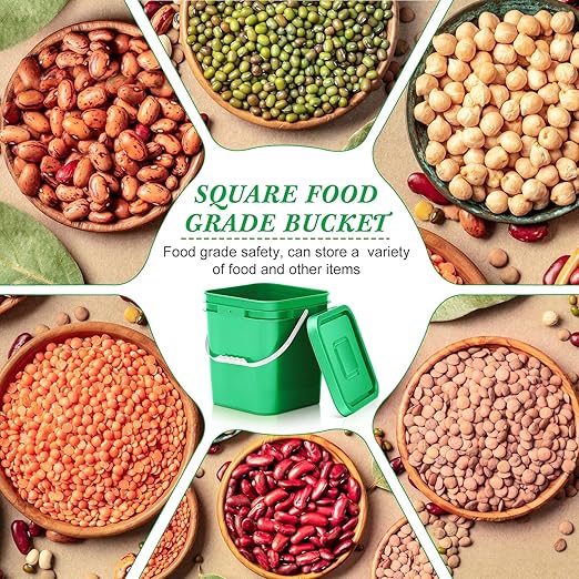 Mumufy 5 Pcs 3.5 Gallon Square Food Grade Bucket with Lid Square Bucket Pail with Plastic Handles for Storing Dry Food, Charcoal, Camping, Fishing (Green)