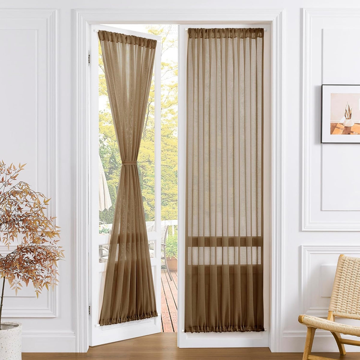 Tollpiz Sheer Door Curtain Closet Linen Textured Curtain Sheers Doorway Light Filtering Voile French Door Rod Pocket Curtains Patio Glass Door, 25 x 80 inches Long, Brown, Set of 1 Panel
