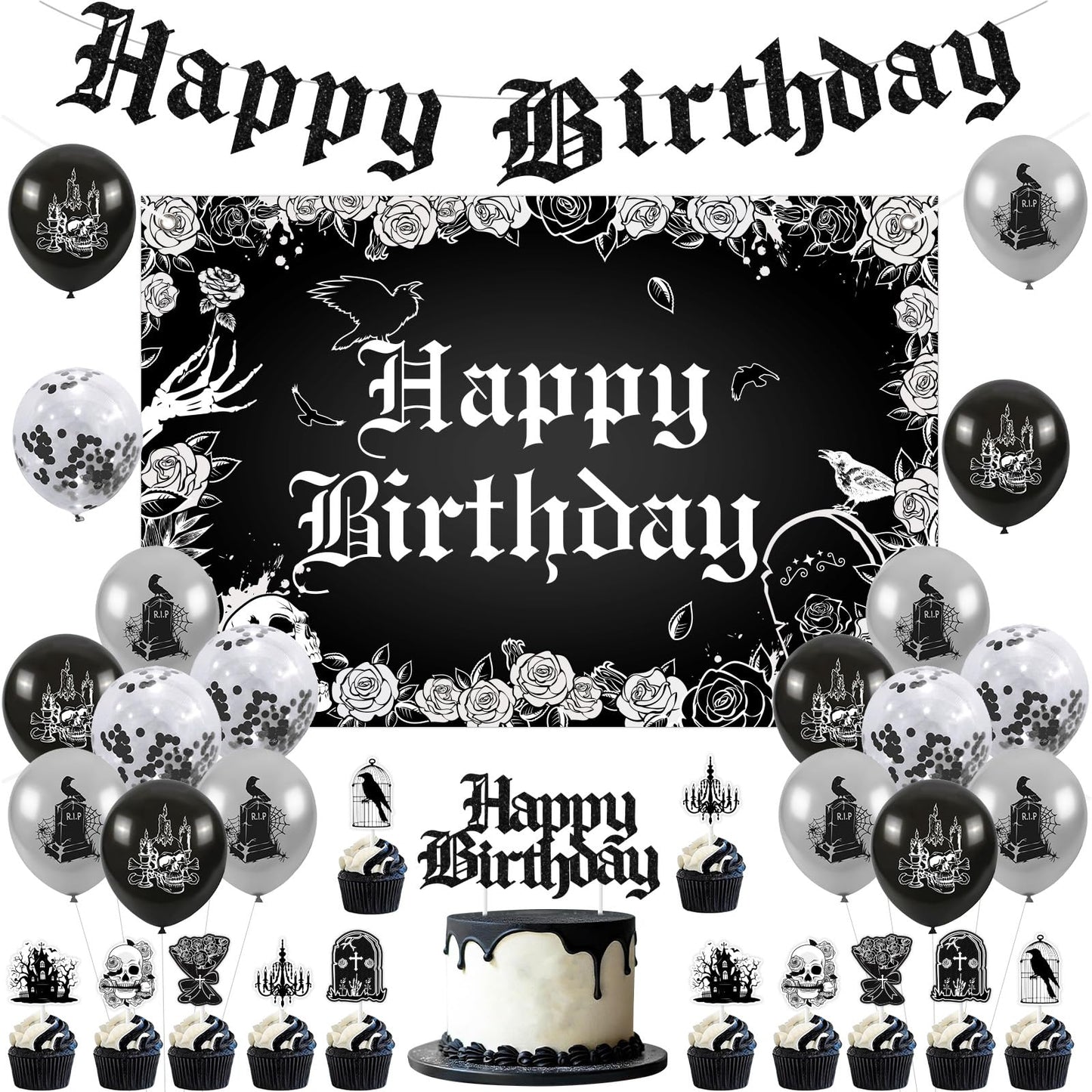 Fangleland Gothic Birthday Decorations, Skull Theme Happy Birthday Backdrop Cake Topper Banner, Black Silver Cupcake Picks Balloons Bday Party Supplies Photography Background for Men Women