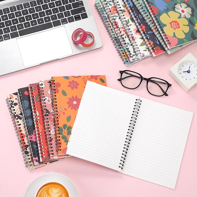 Fuutreo 12 Pcs Spiral Notebook for Work A5 8.3 x 5.7 Inch College Ruled Spiral Journal Notebook Kraft Cover Ruled Paper, 12 Color, 60 Sheets, 120 Pages for Office School(Floral Color)