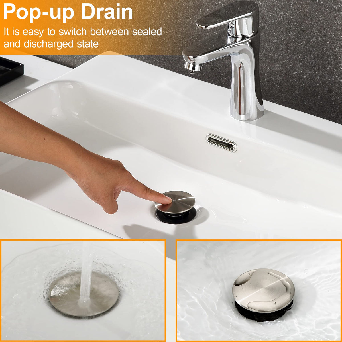 TIORIY Pop Up Bathroom Sink Drain - Bathroom Sink Stopper with Overflow for Faucet Vessel, Push Type Bathroom Sink Vanity Assembly with Strainer, Brushed Nickel