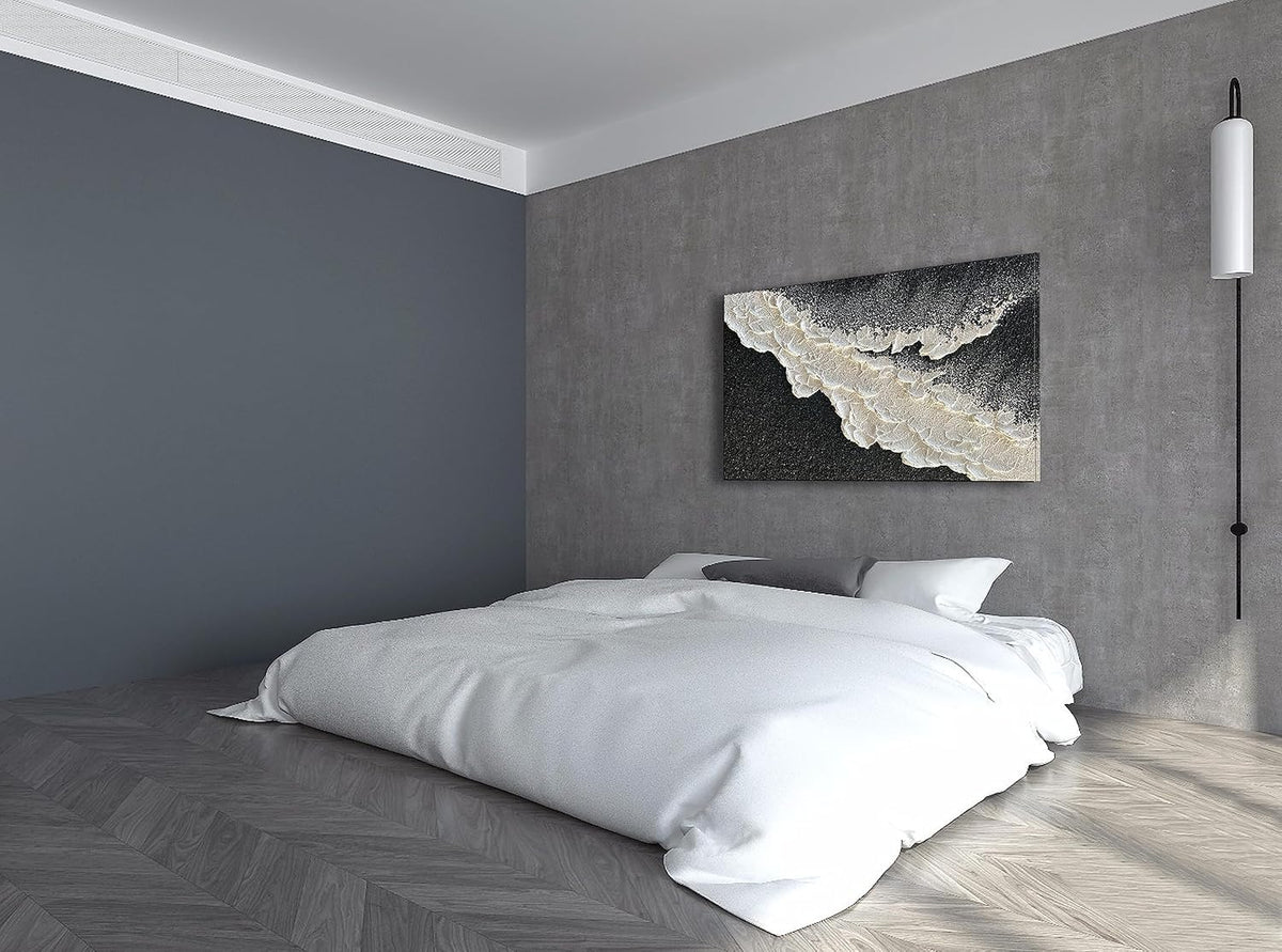 NANKAI Handcrafted Thick Texture Black and White Abstract Canvas Art Ocean Wave Beach Landscape Oil Painting Home Wall Art Deco Oil Painting 24X36 Inches