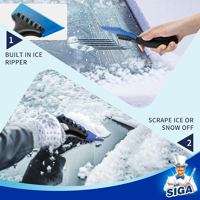 MR.SIGA 2 in 1 Mini Glass Squeegee with Built-in Ice Ripper, 5 Inch Blade, 2 Pack for Tile, Glass, Mirror, Shower, Window Tint, Car