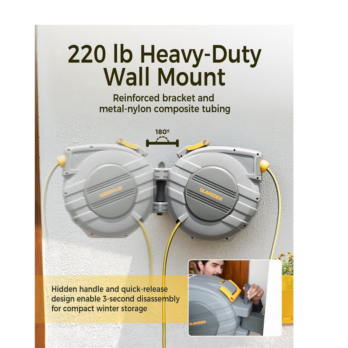 GLAHODEN Retractable Garden Hose Reel 5/8 in x 100 ft Upgraded UV Resistant Heavy Duty Automatic Hose Reel Wall Mount 3/4 in Brass Fitting 9 Pattern Nozzle Any Length Lock Slow Retraction 180° Swivel