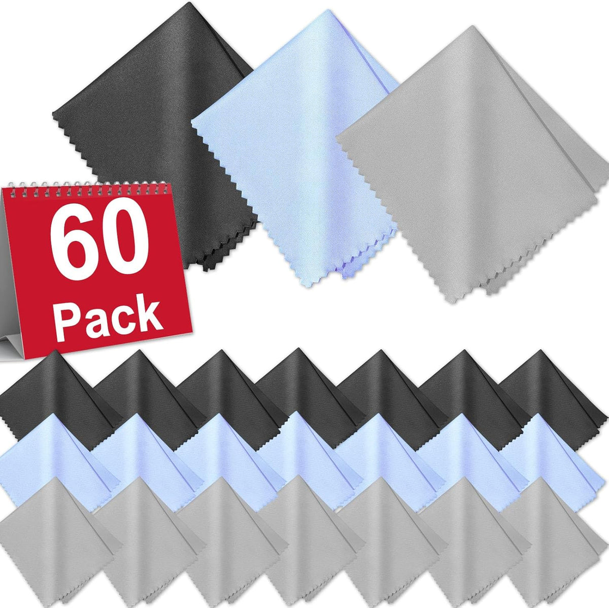 60-Pack Microfiber Cleaning Cloths for Glasses, 6x7 Inch Premium Lens Cleaning Cloth for Screens, Cameras, Eyeglasses, Cell Phone, LCD TV Screensï¼Blackï¼Grey and Light Blue