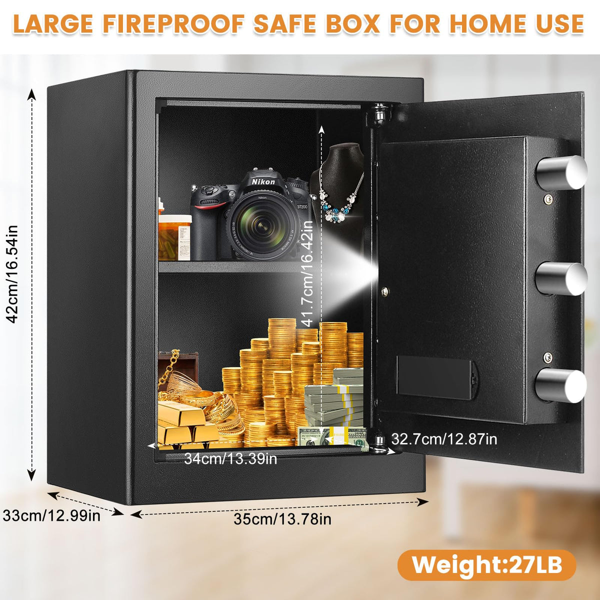 Large Fire proof Safe Box for HOME USE, 2.3 Cuft Digital Security Box with Combination Lock & Fireproof A4 Document Bag, Home Safe Fireproof Waterproof for Money Medicine Documents Valuables