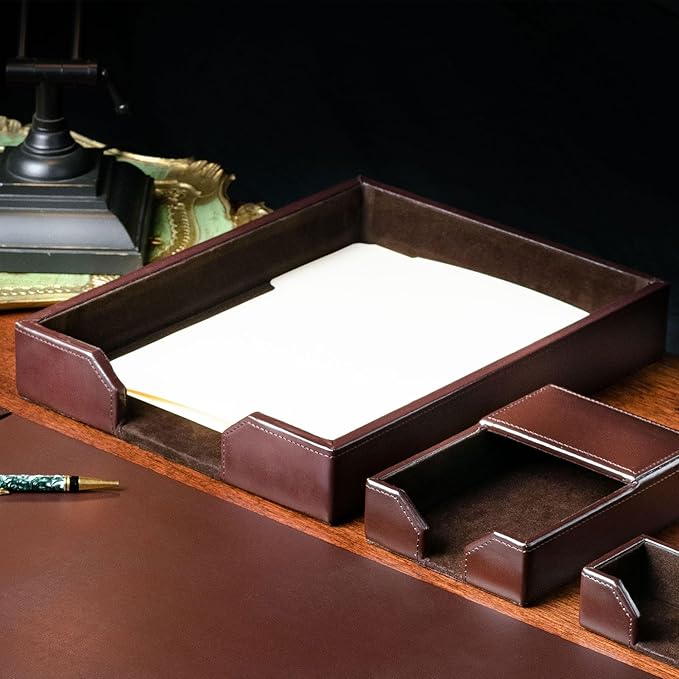 Dacasso Dark Brown Bonded Leather Luxury Letter Tray Holder - Paper Organizer for Desktop Office Essentials & Executive Desk Decor