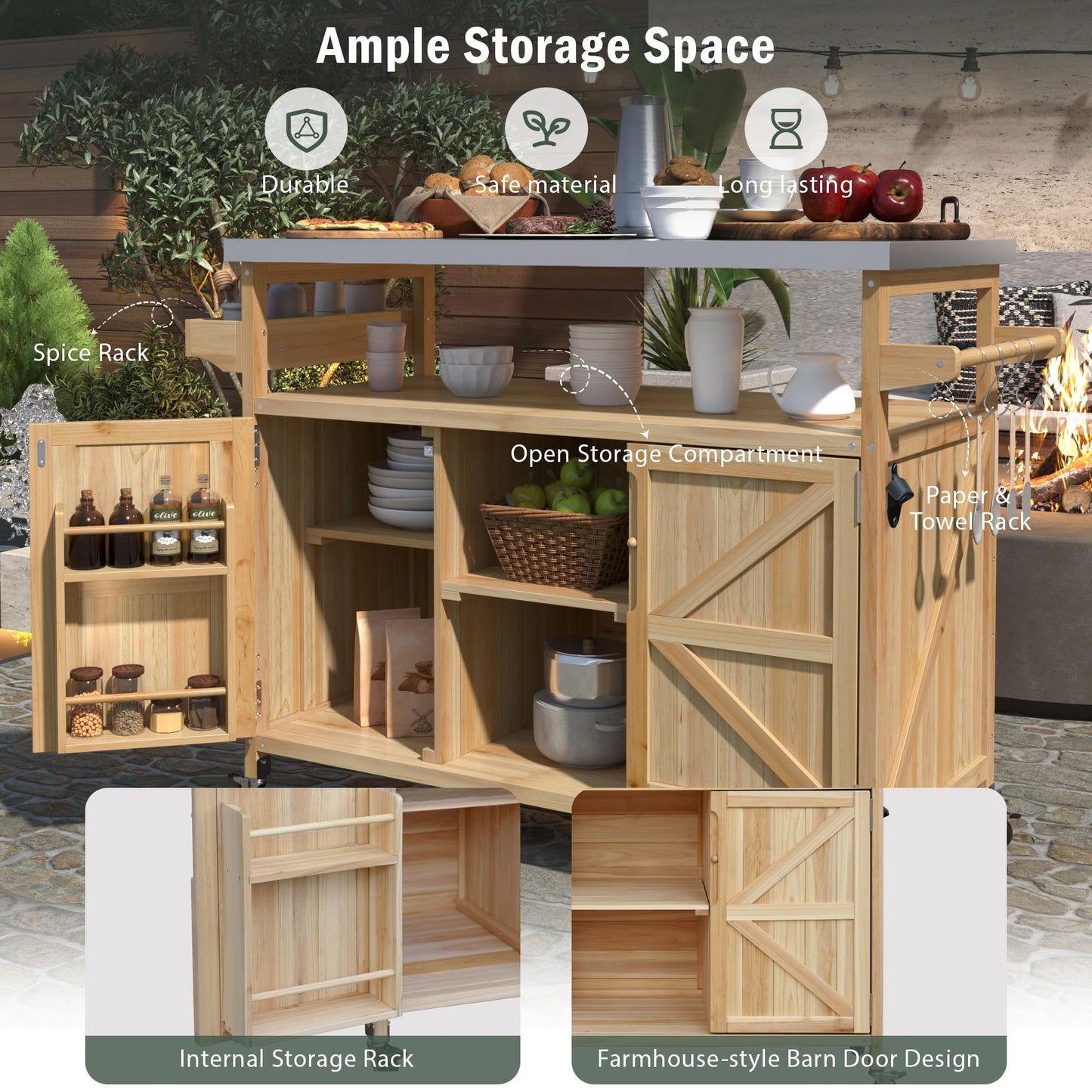 Merax 50" Outdoor Kitchen Grill Cart Island on Wheels with Stainless Steel Top,Farmhouse Style Solid Wood Frame Storage Cabinet for Patio