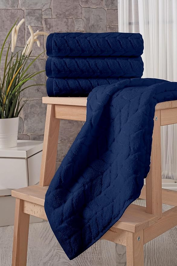 BAGNO MILANO Turkish Bath Towels, Soft Plush Jacquard Luxury Bath Towels, Quick Dry Towel Set (Navy, 3 pcs Towel Set)