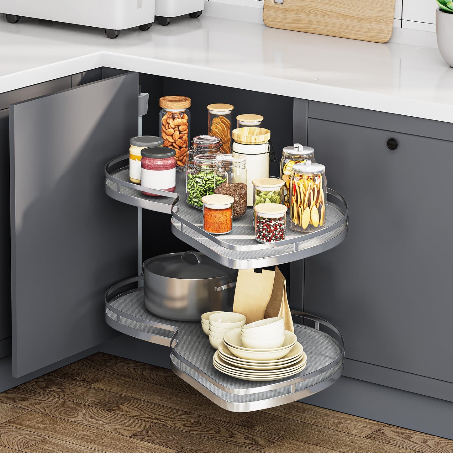 YITAHOME Blind Corner Cabinet Pull Out Organizer, Right Swing Soft-Close Swing-Out Cabinet Organizer with Adjustable Height, 2-Tier 32" Corner Cabinet Lazy Susan for Corner Cabinet Blind Shelf, Gray