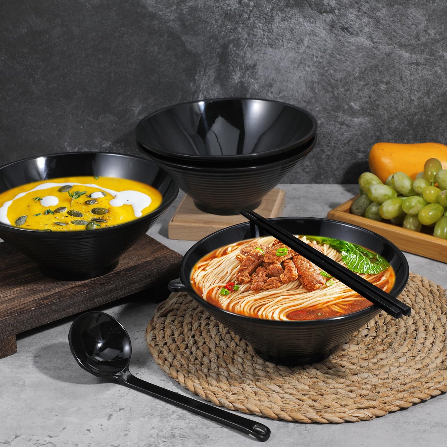 Kenaoeoe Ramen Bowl Set 40 oz of 4 with Chopsticks Spoons, Unbreakable Japanese Style Plastic Noodle Soup Bowls for Asian Pho Soup Thai Miso Udon Wonton