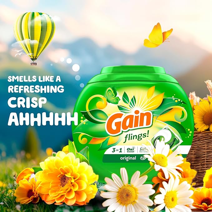 Gain flings Laundry Detergent Soap Pacs HE Compatible Long Lasting Scent, Original Scent, 76 Ct, Gain Laundry Detergent