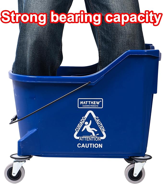 Matthew Cleaning Blue 44Quart Commercial Mop Bucket INCL.Wet String Mop& 19'' Industrial Wet Floor Sign with Side Press Wringer On Wheels,Tandem Portable Floor Cleaning Wavebrake,Ideal for Household