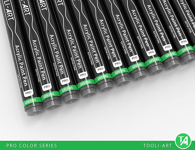 Acrylic Paint Pens 22 Green Tones Assorted Pro Color Series Markers Set 0.7mm Extra Fine Tip for Rock Painting, Glass, Mugs, Wood, Metal, Canvas, Projects, Non Toxic, Waterbased, Quick Drying