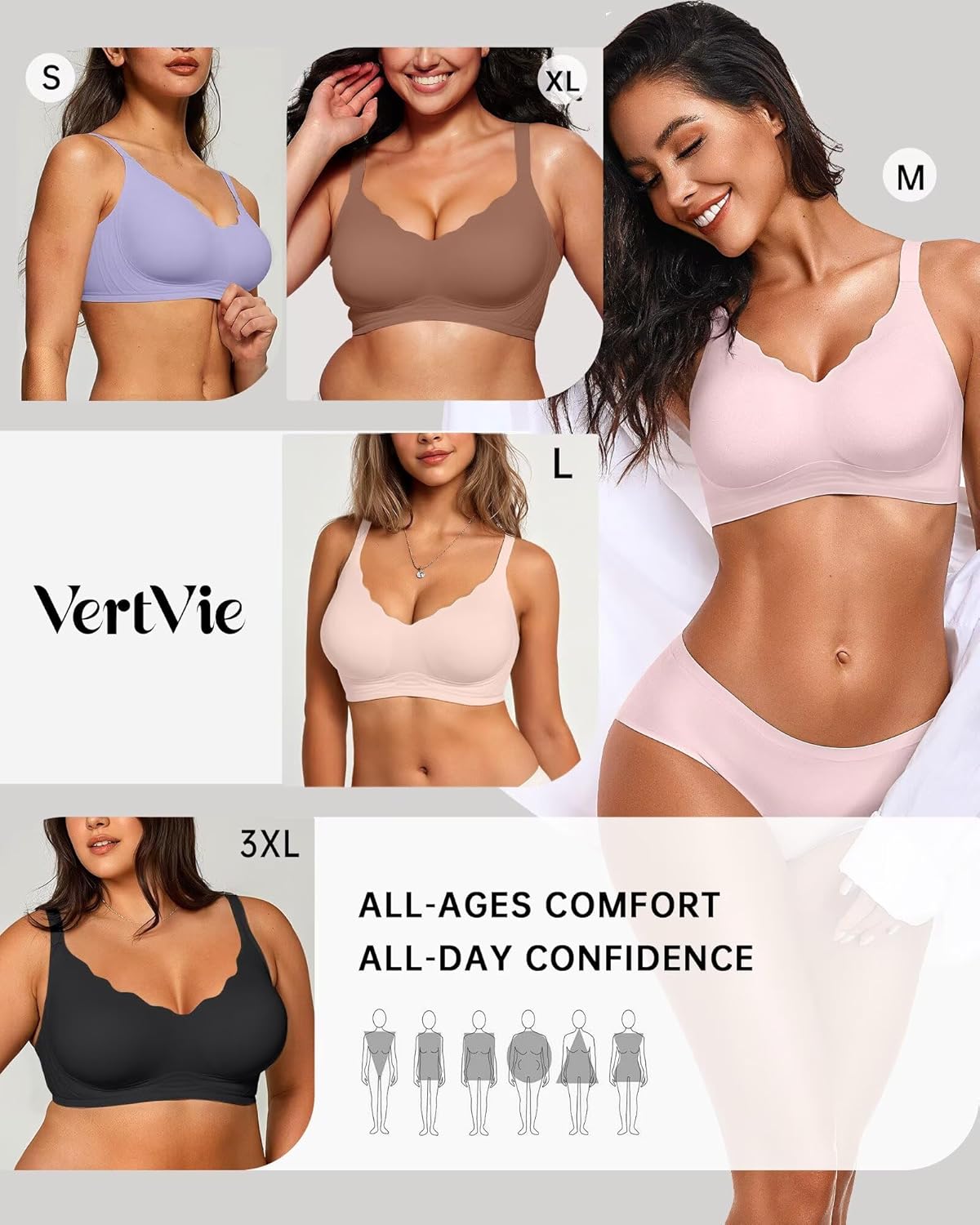Vertvie Womens Seamless Bras No Underwire Supportive Wireless Push Up Full Coverage Bralette Comfort Scalloped T-Shirt Bra