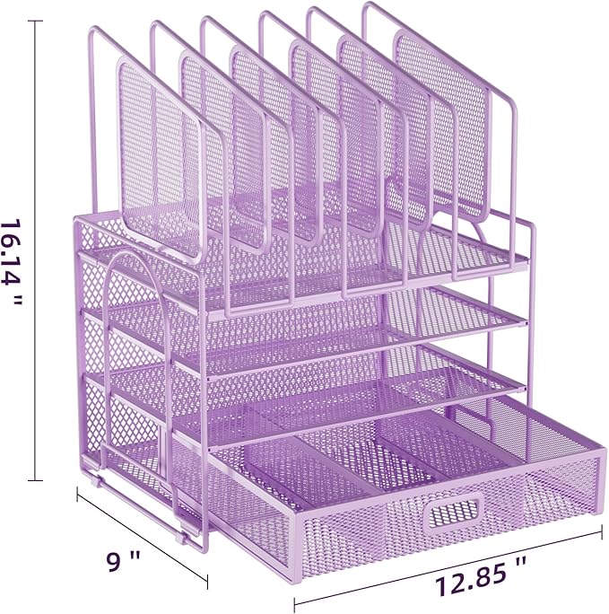 Marbrasse Desk Organizers, 4-Tier Mesh Desk File Organizer with 5 Vertical File Holders and 2 Pen Holders, Multifunction Desktop Organizer,Desk Organizers and Accessories for Home Office (Purple)