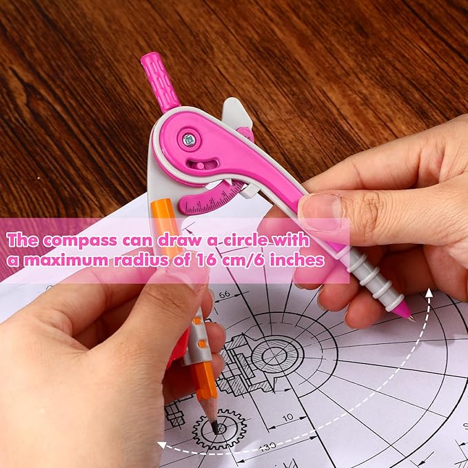 Zonon 1 Set Plastic Geometry Math Set 7 Pcs Includes 6'' / 4 '' Protractor, Drawing Compass, 45/60 Degree Triangle Rulers, 12'' / 6'' Math Ruler Transparent for Office Supplies(Pink)