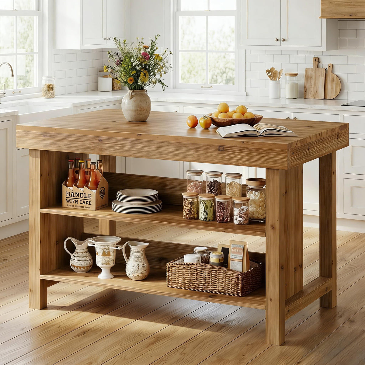 TRIBEWOOD 55" Solid Wood Kitchen Island with Storage, Farmhouse Kitchen Island Table with 3-Tier Open Shelves and Large Countertop for Kitchen, Dining & Living Room, Natural Oak