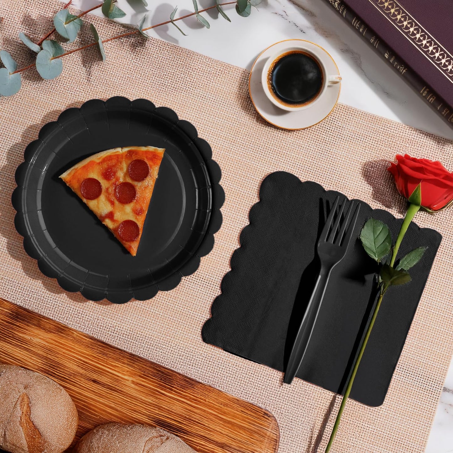 Tyzarglef 105PCS Paper Plates and Napkins Set, 7 Inch Scalloped Disposable Tableware with Forks for Birthdays, Garden Parties & Outdoor Events, Serves 35 (Black)