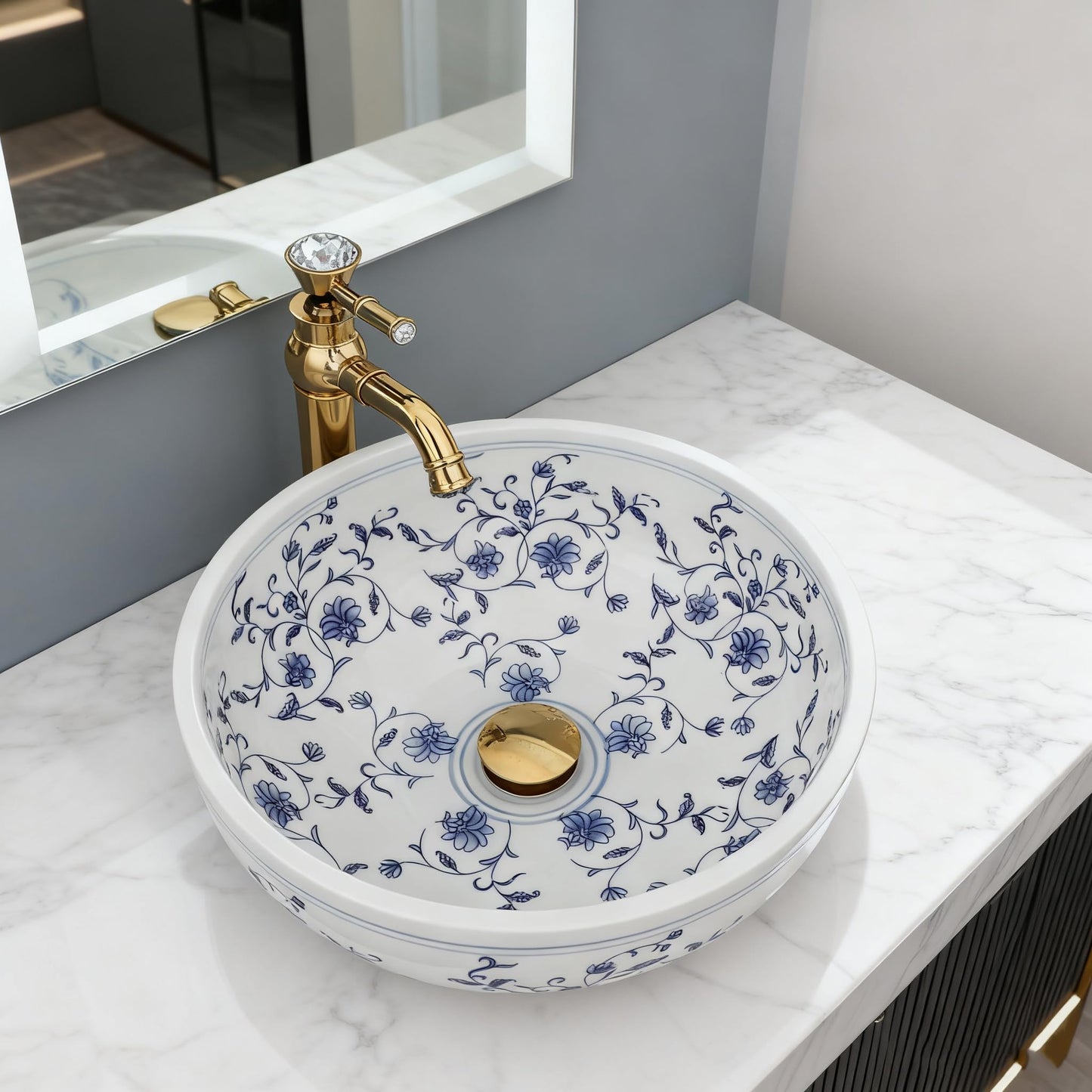 OUBONI 16 Inch Bathroom Vessel Sink, Blue and White Porcelain Ceramic Vessel Sink with Gold Faucet and Pop-up Drain Combo, Round Ceramic Bathroom Sink with Flower, Artistic Sink Bowl Above Counter