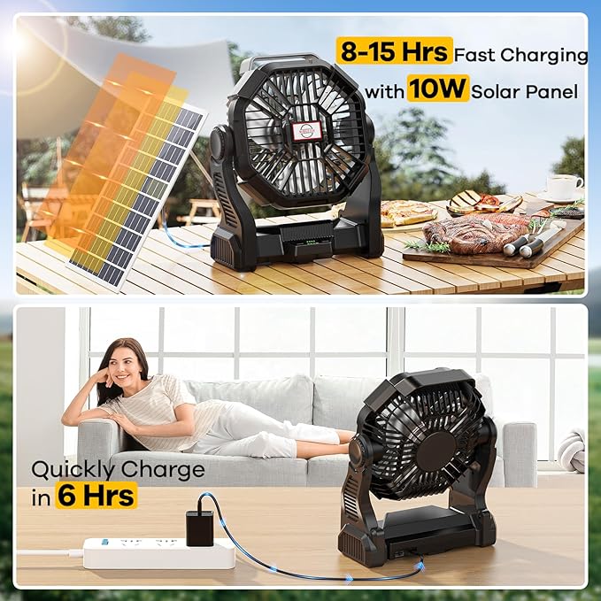 20000mAh Solar Fan with LED Lantern, 10W Solar Panel Rechargeable Battery Powered Camping Fan for Outside, 9 Inch Portable Battery Operated Hurricane Supplies for Picnic, Barbecue, Fishing, Travel
