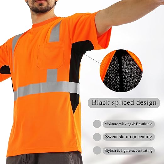 Hi Vis T Shirt Class 3 High Visibility Shirts for Men Safety Shirts with Reflective Strips and Pocket Breathable Construction Work Mesh Short Sleeve
