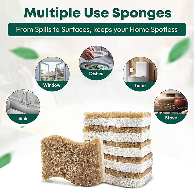 Natural Sponges Kitchen - 6 X-Large Biodegradable Non-Scratch Dish Scrubber, Multipurpose Compostable Sponges for Dishes, Cleaning Scrub Sponge Brush for Dishwashing
