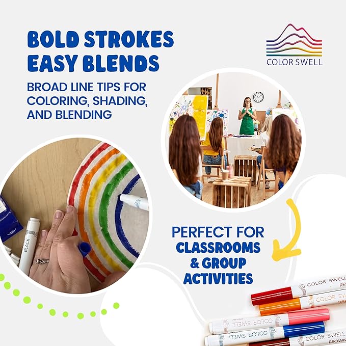 Color Swell 8-Pack Broad Line Markers – Washable, Non-Toxic, Ideal for Kids, Students, Adults, and Classroom Activities