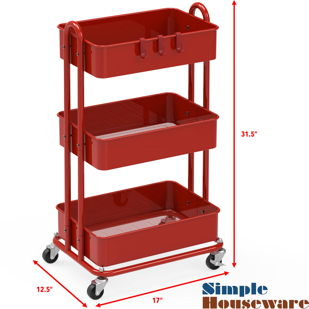 Simple Houseware 3-Tier Heavy Duty Metal Utility Rolling Cart, Red