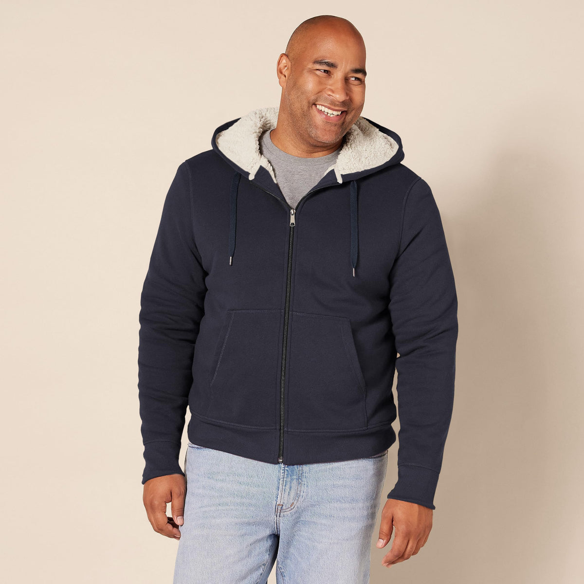 Amazon Essentials Hoodie For Men, Sherpa-Lined Full-Zip Fleece Sweatshirt, Small, Navy