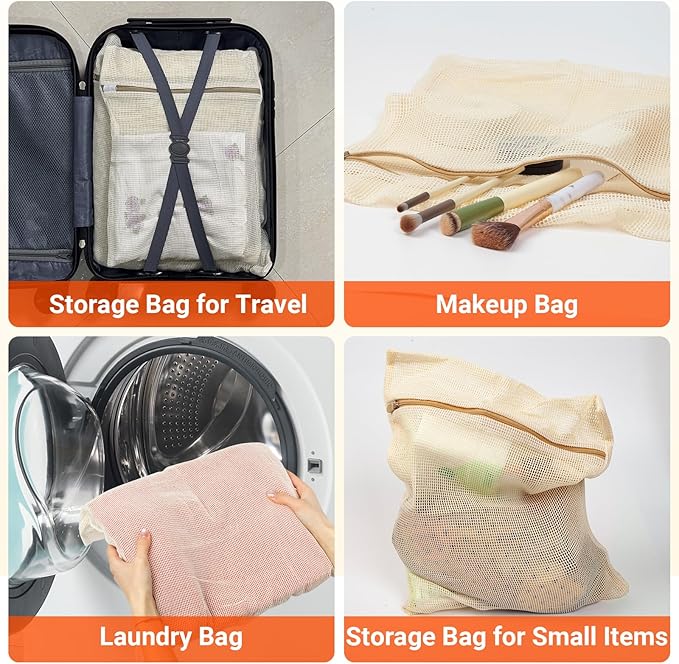 3Pcs Mesh Laundry Bags for Delicates, Durable Organic Cotton Mesh Wash Bags, Sturdy Zipper Laundry Bag for Lingerie, Clothes, Shoes, Socks, Large
