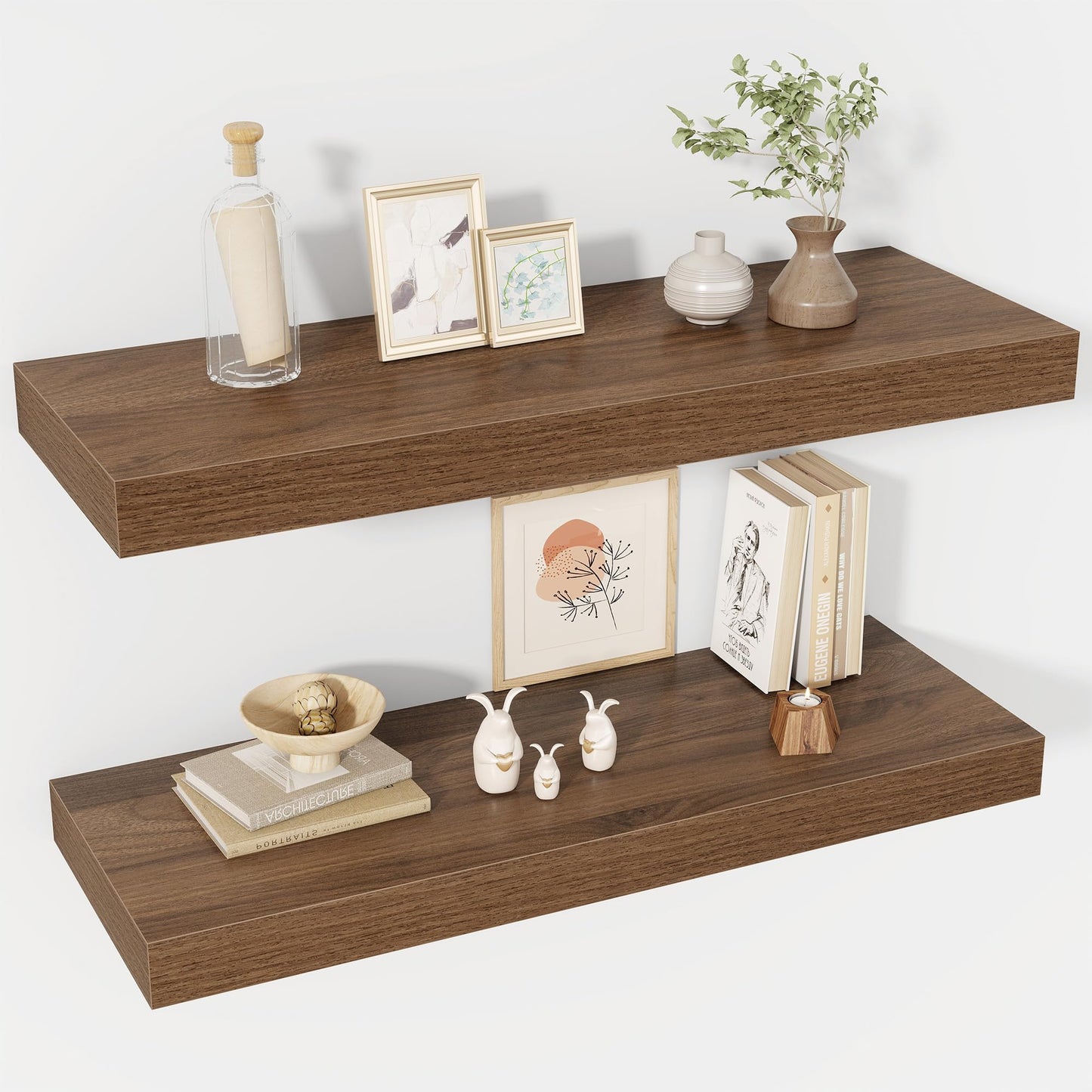 Acovy 30 Inch Floating Shelves, 12" Deep Floating Shelf Wall Mounted, 30" Wall Shelves, Rustic Deep Bookshelf, Extra Deeper & Thicker Display Shelves for Bedroom, Living Room, Walnut, Set of 2