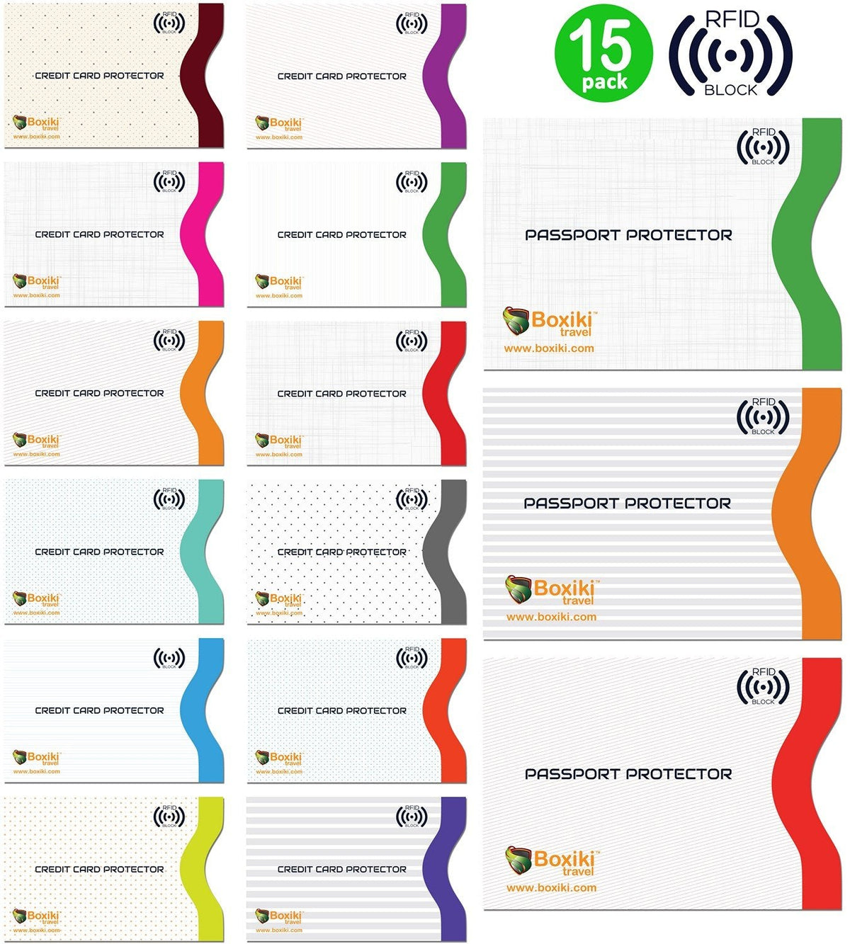 Boxiki Travel Set of 15 RFID, Set with Color Coding | Identity Theft Prevention RFID Blocking Envelopes and Passport Covers (White Collection)