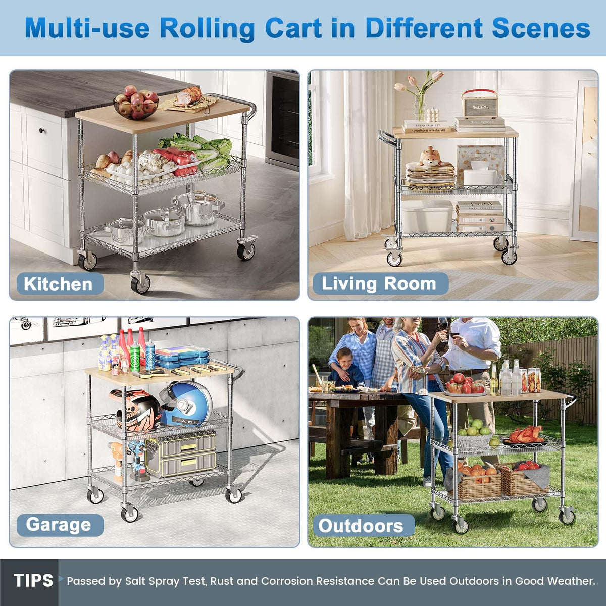 Leteuke Rolling Kitchen Carts with Wheels, 34" L x 17.5" W, 3-Tier Heavy Duty Utility Cart with Wood Tabletop, NSF Commercial Metal Serving Cart with Handle and Shelf Liner for Kitchen, Chrome