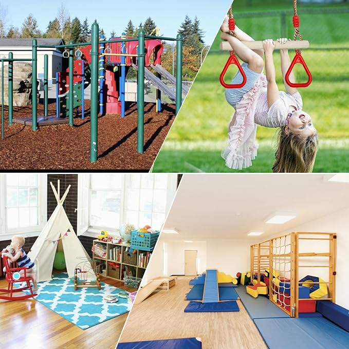 Trapeze Swing Bar with Rings, Wooden Trapeze Swing Bar with Plastic Gym Rings Adjustable Rope, Locking Straps, Outdoor Swing Set Playground Accessories for Kids (Red)