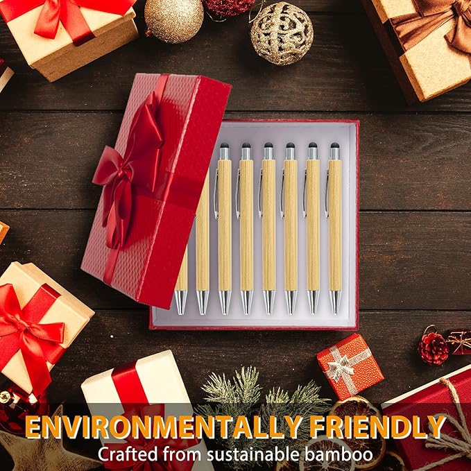 250 Pack Bamboo Pens Bulk with Touch Stylus Tip Wooden Bamboo Pens Engraving Wooden Ballpoint Pen Customizable Gift Pen Bulk