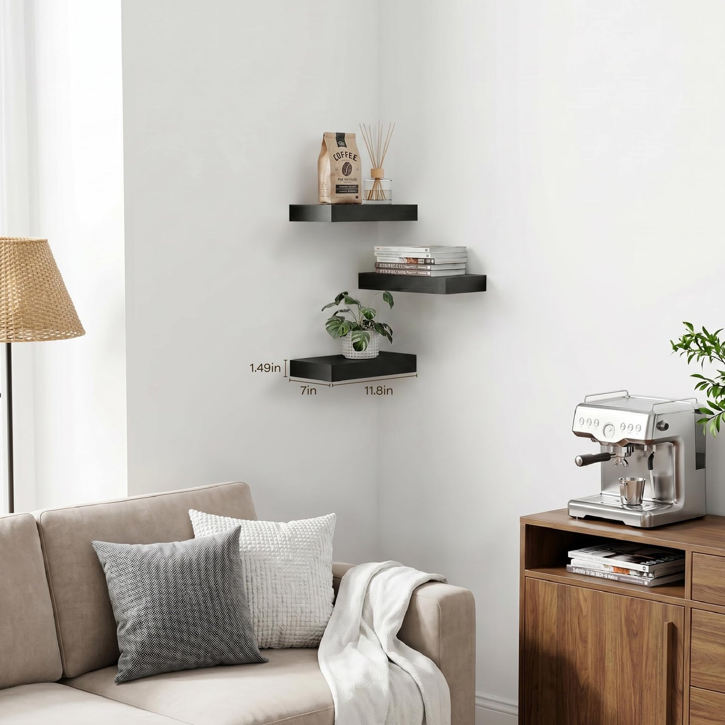 Modcraft Black Floating Wall Shelves for wall 3-Pack, 11.8" Small Wall Mounted Shelves, Sturdy Multi-Set Storage & Display for Bathroom Over Toilet, Kitchen, Living Room, Bedroom