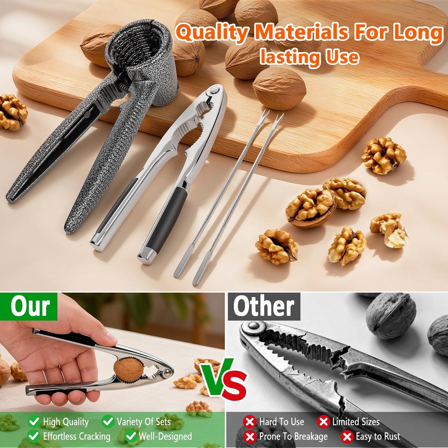 Nut Crackers Tools Pecan Cracker, Walnut Clip Heavy Duty Nutcracker With Non-Slip Handle Seafood Cracker Tool, Includes Nut Picks