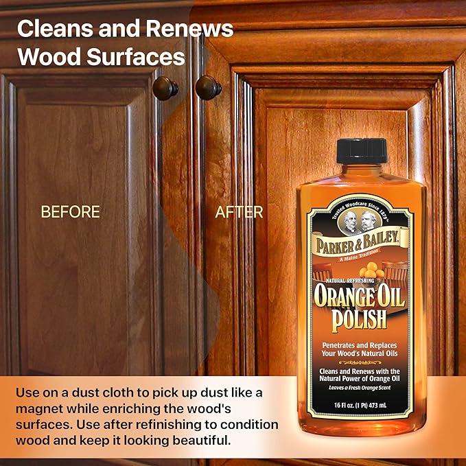 PARKER & BAILEY ORANGE OIL POLISH - Natural Orange Scented Wood Cleaner & Furniture Polish, Cleans, Renews, Restores & Rejuvenates Wood Surfaces, Protects from Drying or Cracking, Shiny Finish, 16oz