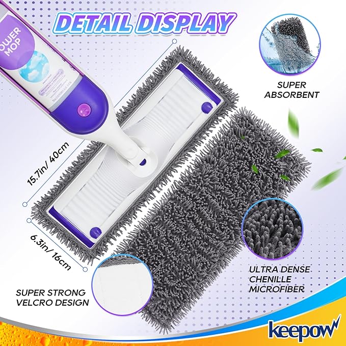 KEEPOW Reusable Microfiber Mop Pads for Swiffer PowerMop 2 Pack, Power Mop Pads Refills for 13 ''-15 '' Spray Mop, Machine Washable Pad Replacement for Multi-Surface Floor Cleaning