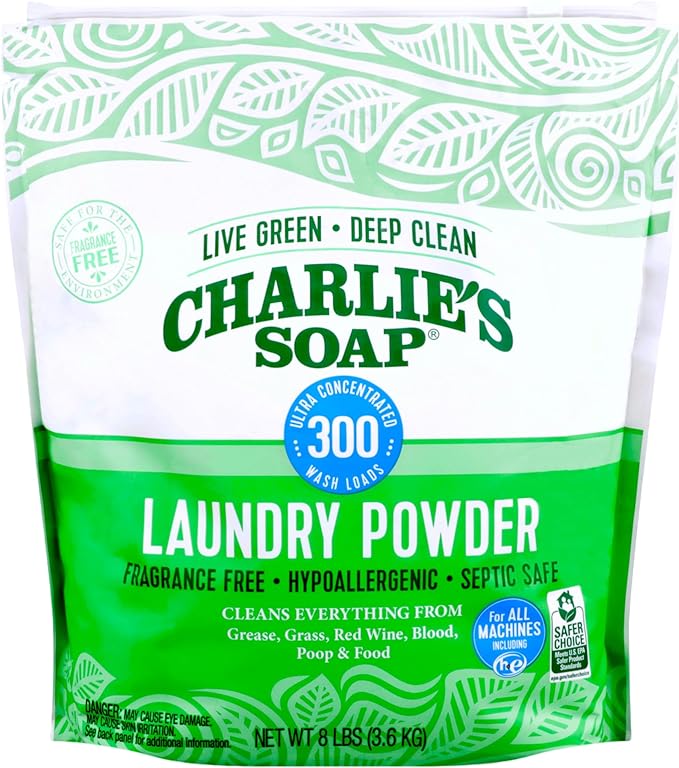 Charlie’s Soap Hypoallergenic Laundry Detergent Powder Baby Gentle 8lb Bag Fragrance Free Plant Based Deep Cleaning – Biodegradable Eco Friendly Sustainable