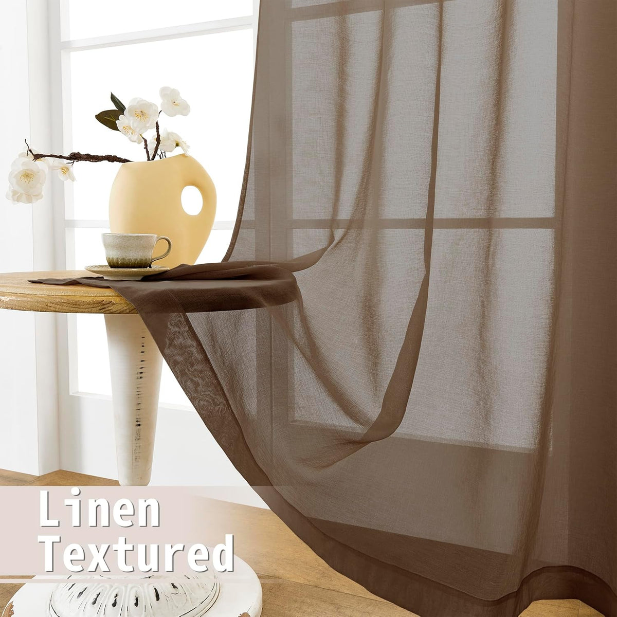 Tollpiz Sheer Door Curtains Closet Linen Textured Curtain Sheers Doorway Light Filtering Voile Patio Glass Door Rod Pocket Curtains French Door, 54 x 80 inches Long, Brown, Set of 1 Panel