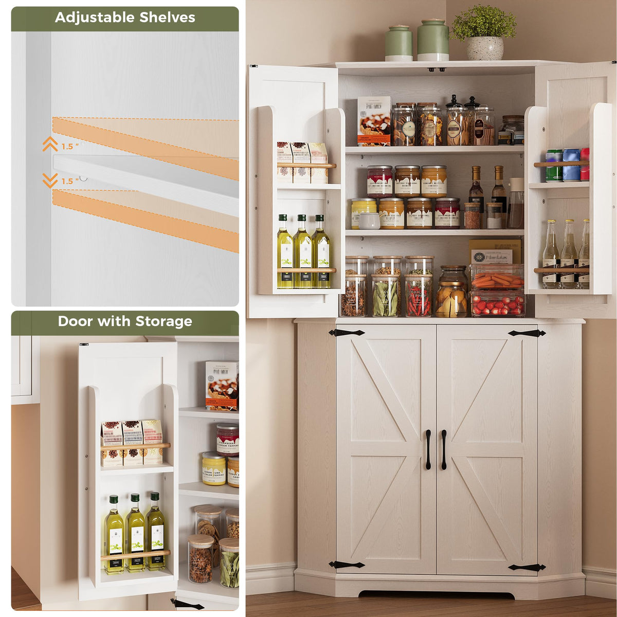 IRONCK Corner Cabinet, 72" Kitchen Pantry Cabinet, 6-Tier Freestanding Farmhouse Pantry with 2 Adjustable Shelves, 240°Swivel Doors, 2 Doors Storage, Spacious Hutch for Kitchen, Living Room, White