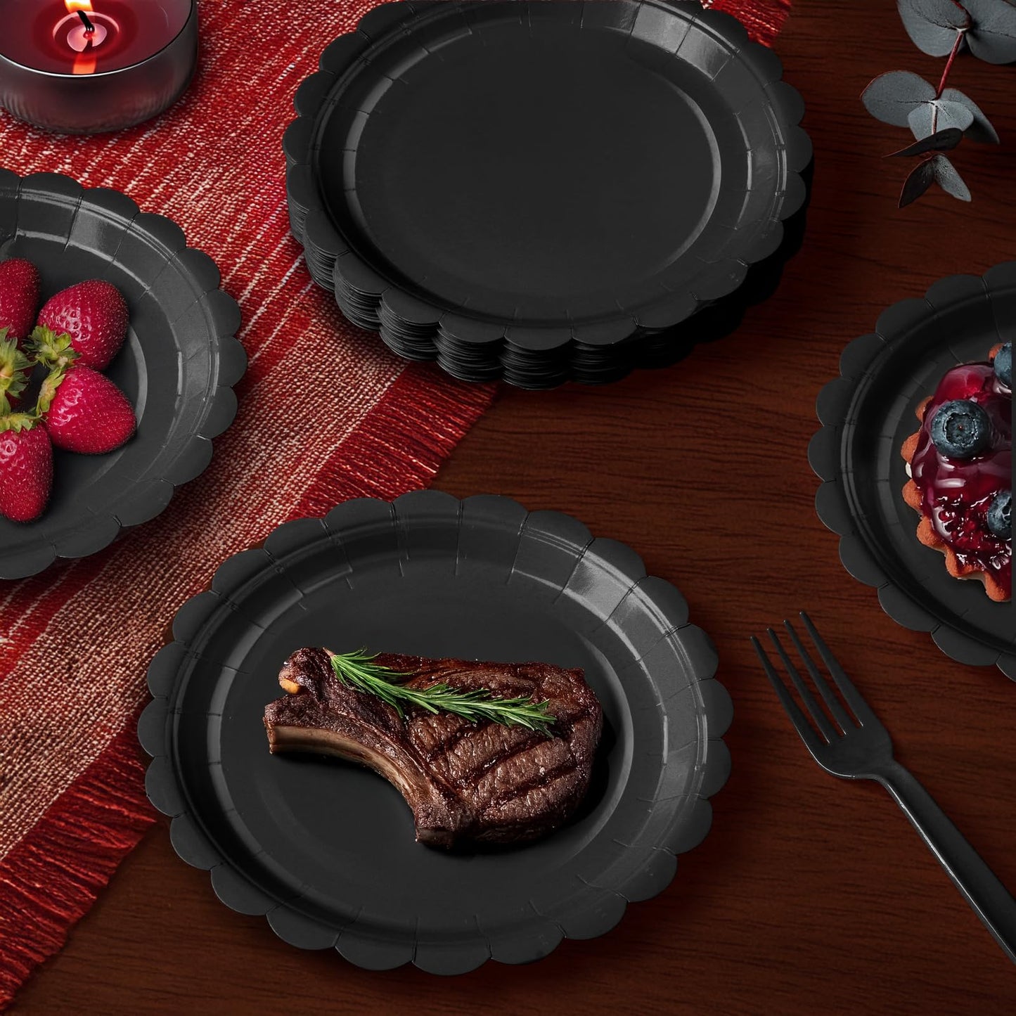 Tyzarglef 105PCS Paper Plates and Napkins Set, 7 Inch Scalloped Disposable Tableware with Forks for Birthdays, Garden Parties & Outdoor Events, Serves 35 (Black)
