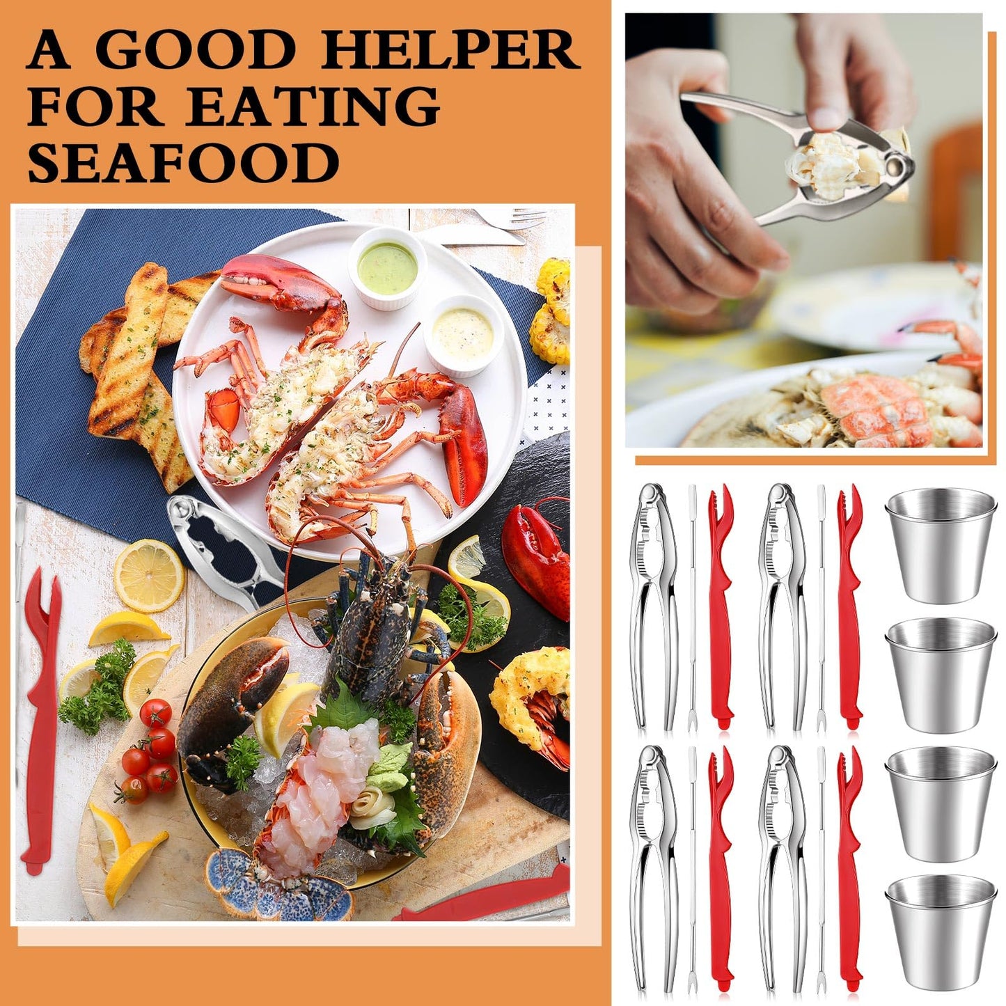 Mepase 21 Pcs Seafood Tools Set Nut Cracker Set Crab Crackers, Crab Forks/picks, Lobster Shellers, 1.7 oz Dipping Sauce Cups, Lobster Bibs, Red Checkered Disposable Plastic Tablecloth