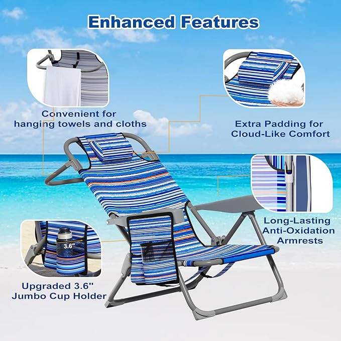 DIAMONDFORGE 2 Pack Lightweight Portable Beach Chair for Adults, 350 LBS Capacity Backpack Beach Chair, Reclining Beach Chair with 5-Position Lay Flat, Large Cup Holder for Beach Camping Sports