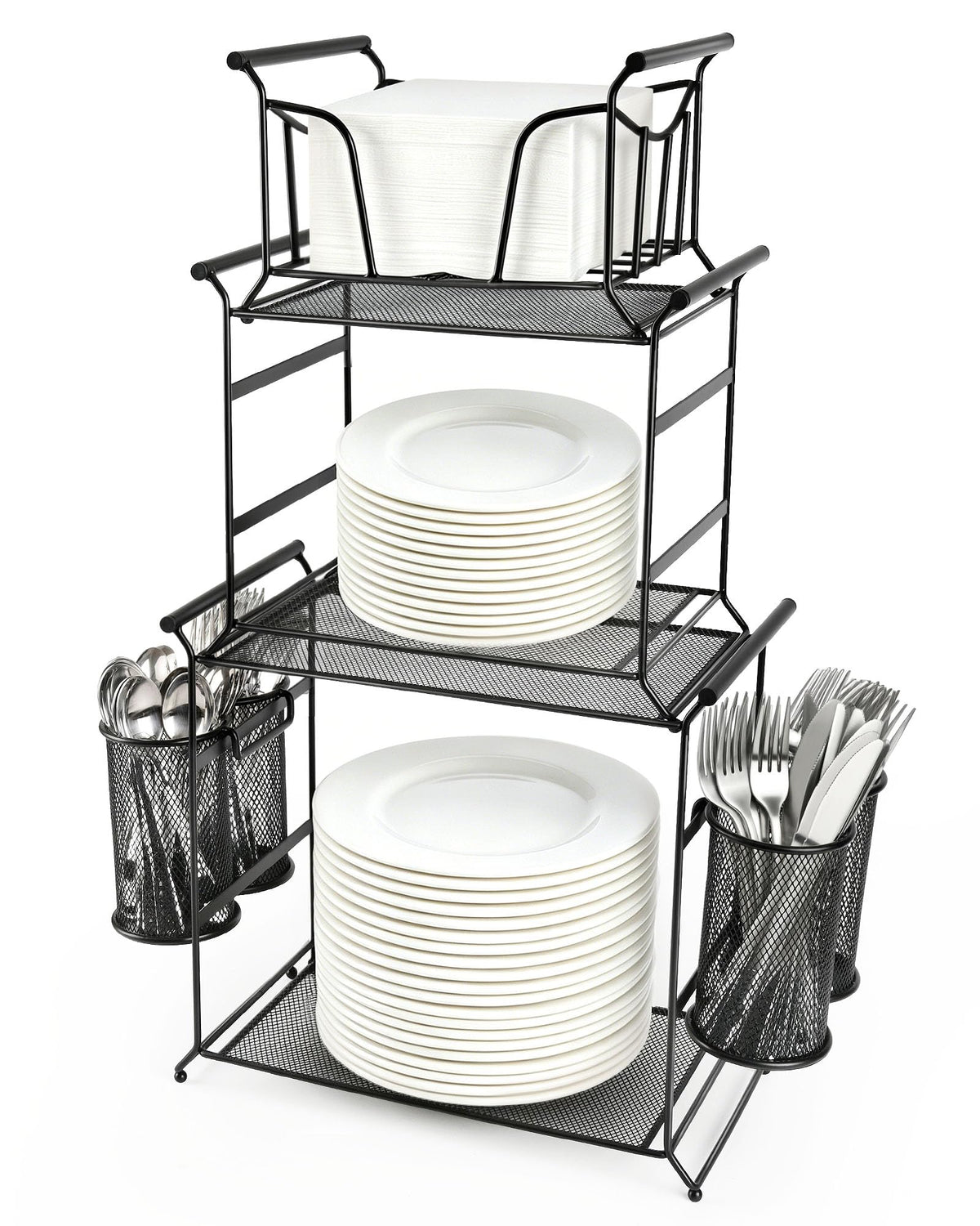 HULISEN 3-Tier Buffet Caddy, 7-Piece Set Stackable Paper Plate and Utensil Holder for Party, Detachable Mesh Silverware Organizer for Countertop, Metal Serving Station for Hosting Party Essentials